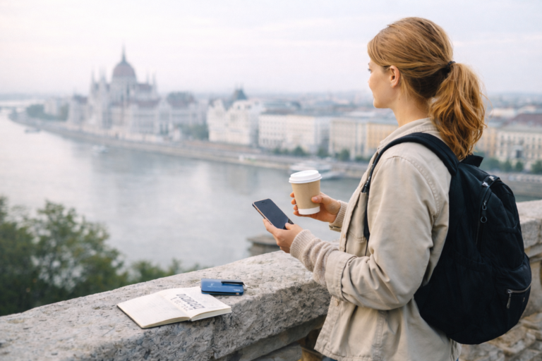 Dansk kvinde på weekendtur i Budapest med kaffe, mobil og udsigt over Donau og Parlamentet billige rejser i Europa
