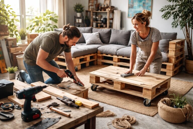 Spar penge med DIY: par bygger pallesofa af paller i stuen – gør det selv møbler guide
