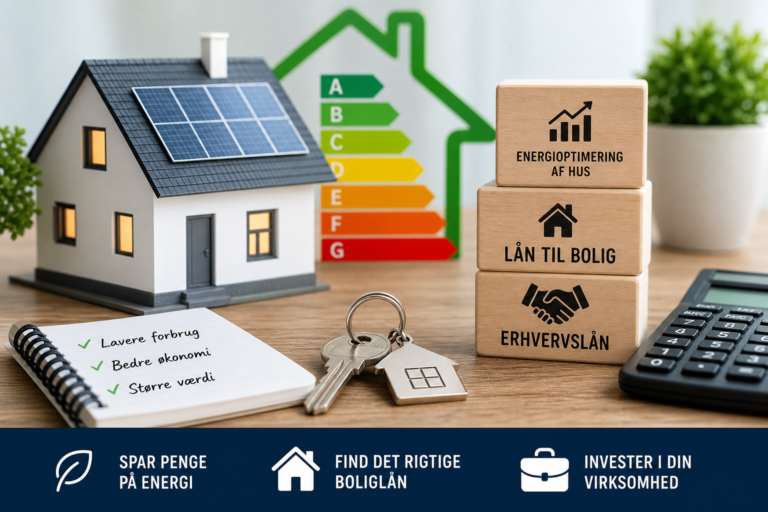 Illustration af forbrug med energioptimering af hus, lån til bolig og erhvervslån samt fokus på lavere forbrug og bedre økonomi